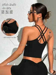Women’s Sporty Crop Top With Built In Bra - Backless Push Up Workout Airport Outfit Activewear Women, backless workout top women, airport outfit women, activewear crop top women