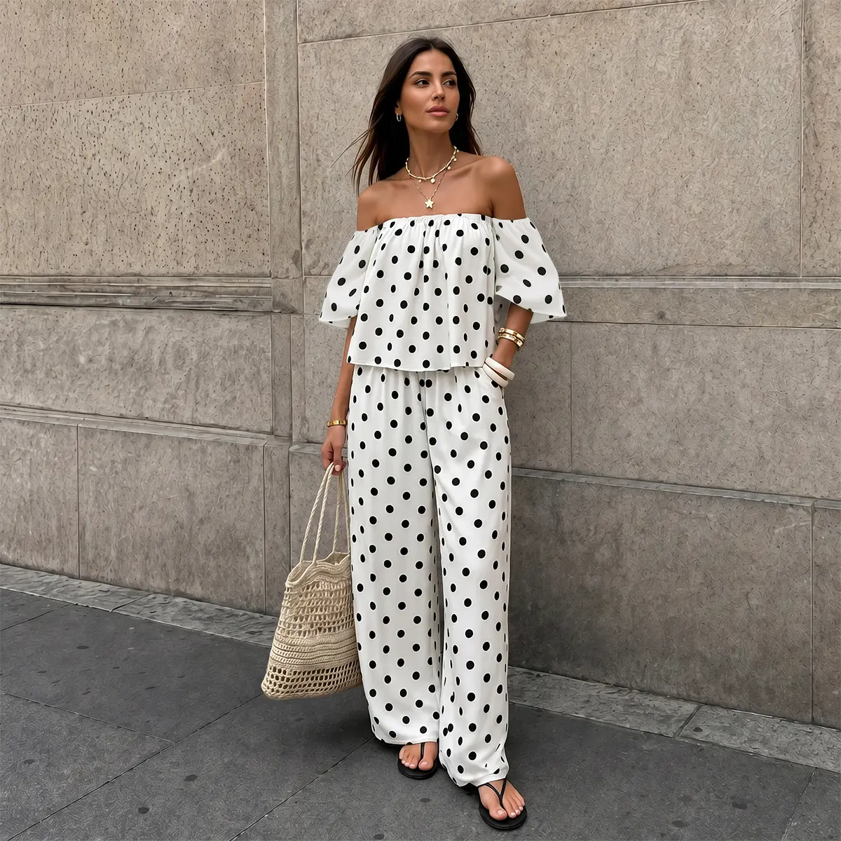 Chicovar Women's Polka Dot Off Shoulder 2 Piece Set, Puff Sleeves Cropped Top, High Waist Wide Leg Pants with Pockets, Lined, Slimming, Casual, Date, Beach Vacation Outfit Sets, Lounge Sets, Summervibes