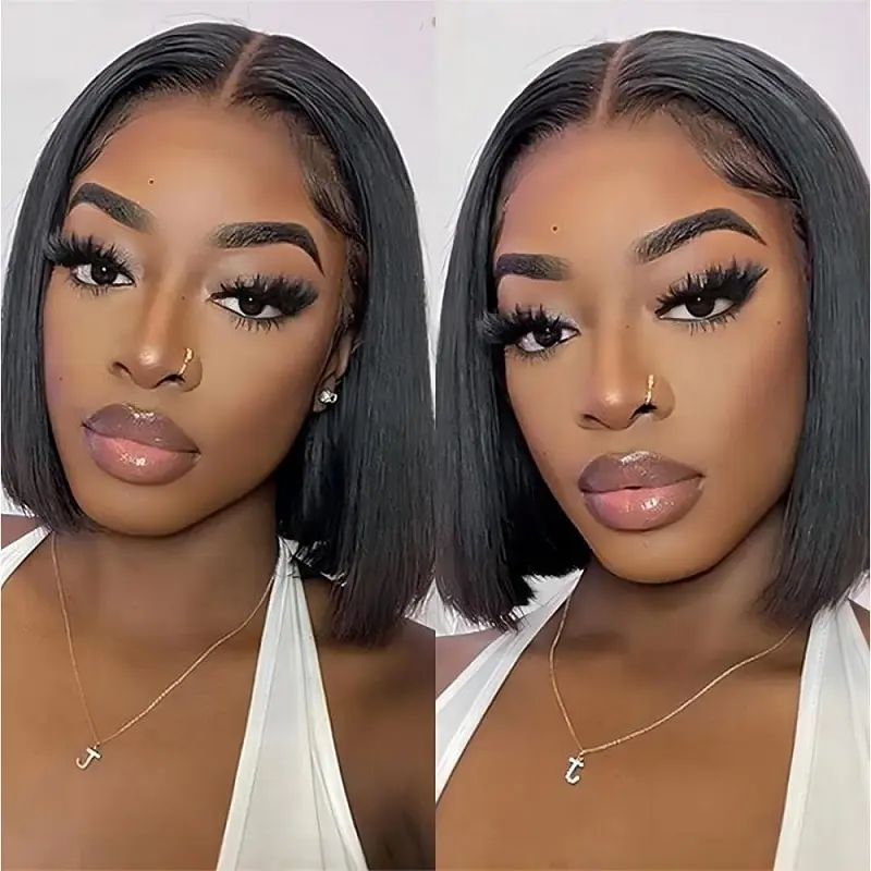 Short Bob Wig Human Hair 6x4 Transparent Lace Glueless Wigs Human Hair Pre Plucked with Baby Hair Glueless Wigs Human Hair Ready to Go Glueless Wig 12a Straight Bob Wigs 180% Density Straight Frontal Lace Wigs for Middle-aged Black Woman Natural Color