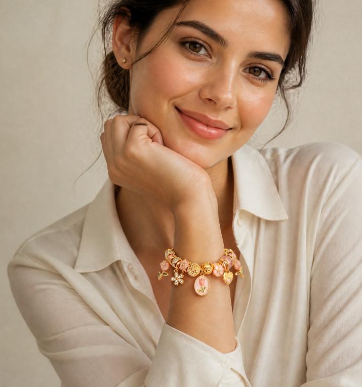 Spring Vibes on Your Wrist, Pink Tulip & Heart Charm Bracelet