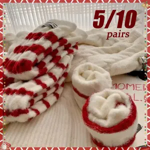 5/10 Pairs Cute Red and White Imitation Mink Plush Socks, Thickened and Warm Home Knitted Ski Socks Suitable for Daily Wear in Autumn and Winter, Outdoor Sports, New Year Wedding Holiday Gifts