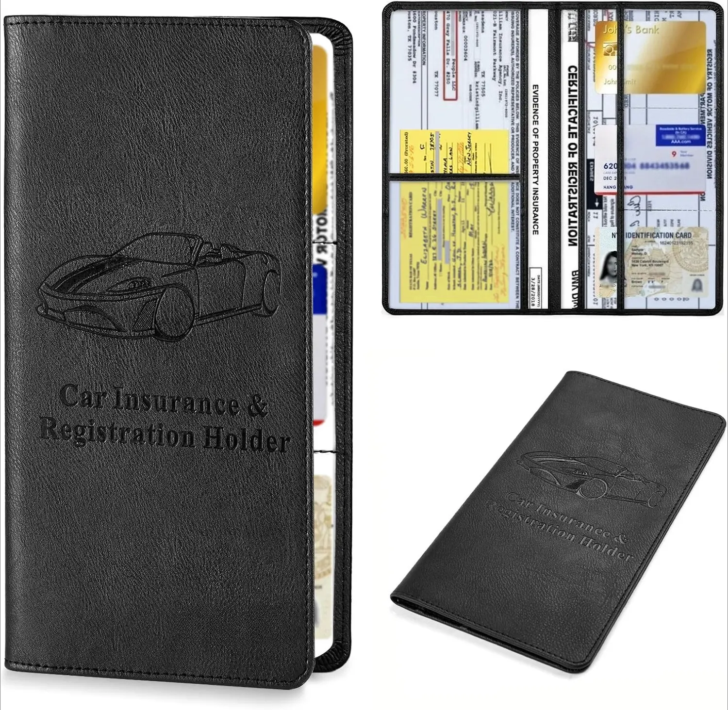 DIBMS Leather Car Registration and Insurance Card Holder, Car Document Holder for Cards License with Magnetic Shut (Black, large),Spring Gift,Compact Car Accessories, Essential for Owners
