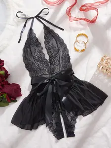 [Plus Size] Floral Lace Open Crotch Design Crop Cami Bodysuit, Sexy Comfy Breathable Thong Design Bodysuit for Daily Wear, Women's Lingerie Underwear for All Seasons Piece