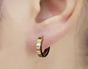 Hoop Earrings Gold Tone Rhinestone Circle Stainless Steel