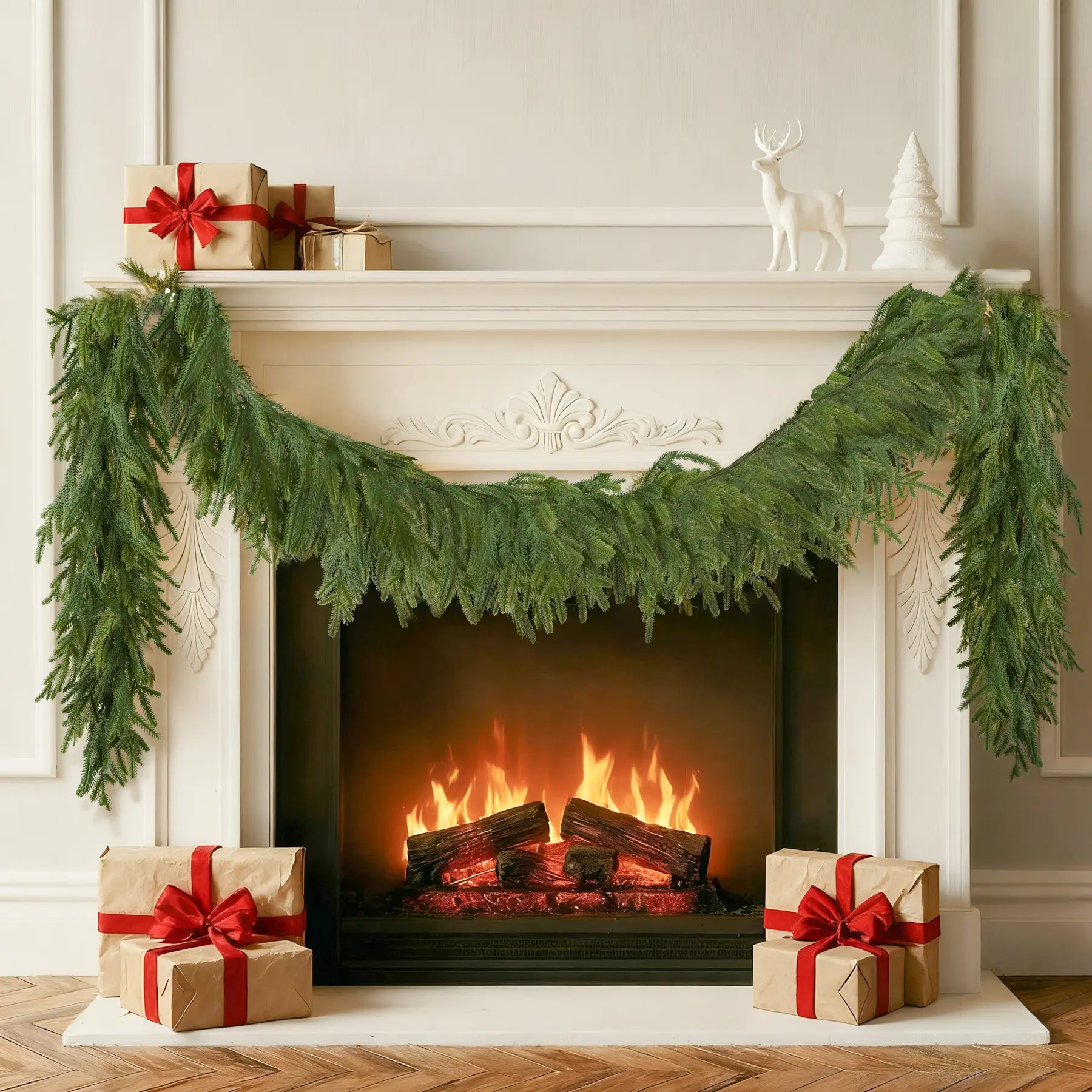 9FT Christmas Garland Norfolk Pine Garland Real Touch Faux Greenery Cedar Garlands for Mantle,Table,Wall,Christmas Decorations Indoor Outdoor