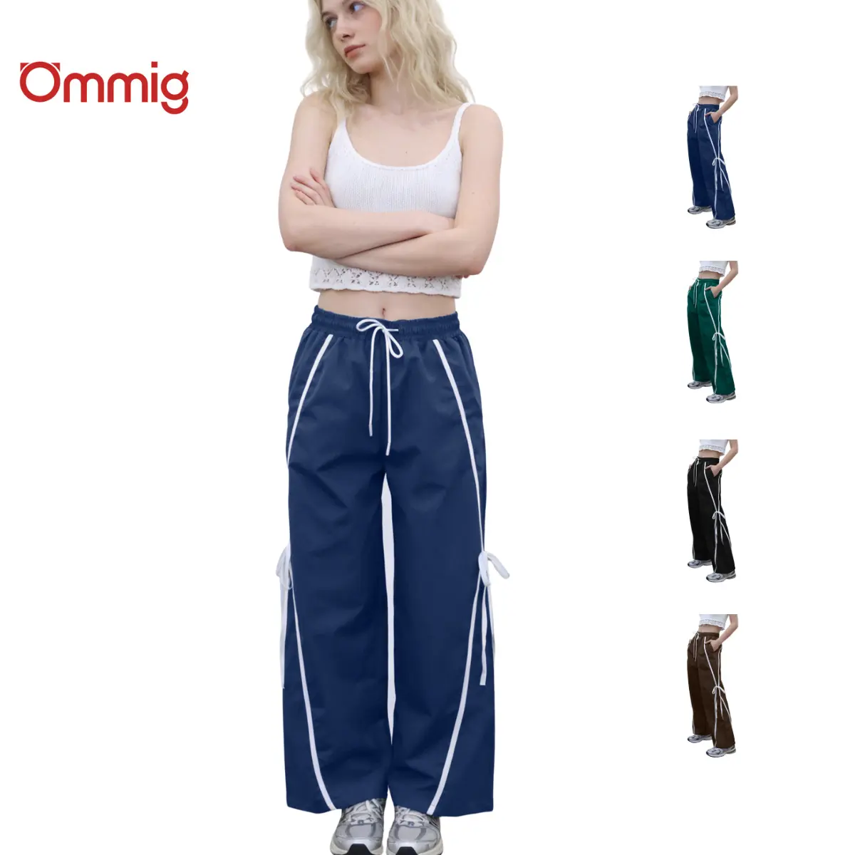 Ommig Women's High-Waisted Wide-Leg Pants - Multi-Color Activewear with Crisscross Decorative Straps, Hemmed Navy & Black Stripe Styles, Versatile Can-Style Casual Trousers, High Waisted Pants, Navy Pants