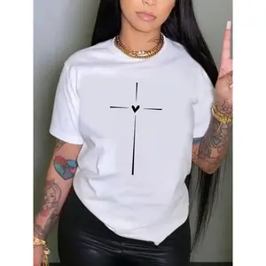 [Cotton] Women'S Cross & Heart Print Round Neck Tee, Graphic Tees Women, Fashion Casual Crew Neck Short Sleeve T-Shirt For Daily Wear, Vintage Graphic Tees, Ladies Clothes For All Seasons Top Womenswear Summer Black T-Shirt For Men And Women