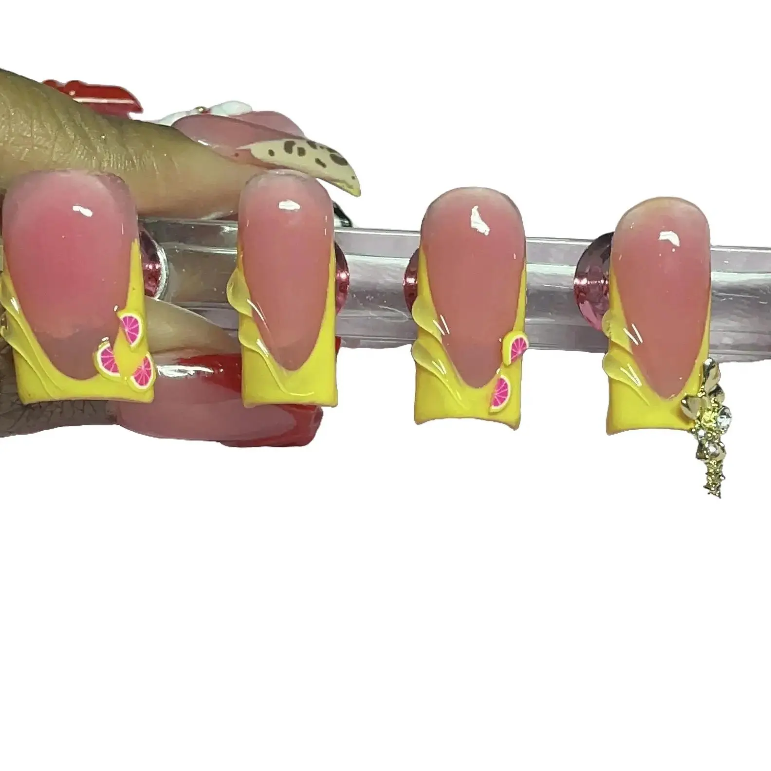 Fruit T Medium Acrylic Square Press Ons - Yellow and Pink Design with Processing Time 1-5 Days and Shipping 3-4 Days