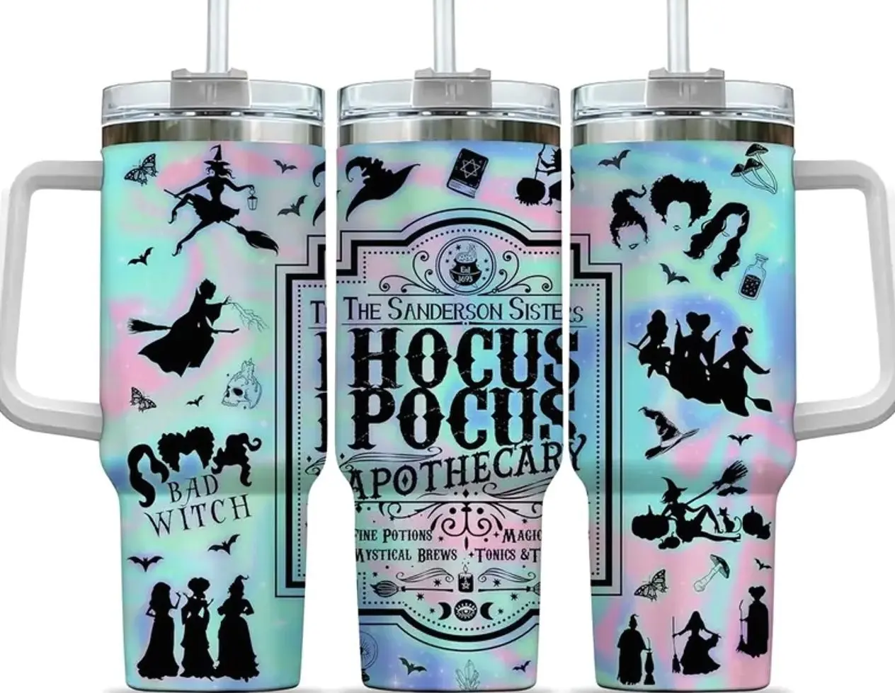 Spooky Witch Apothecary Tumbler 40oz with Handle, Pastels Holographic Magic Potion Insulated Travel Mug, Stainless Steel Cup with Straw