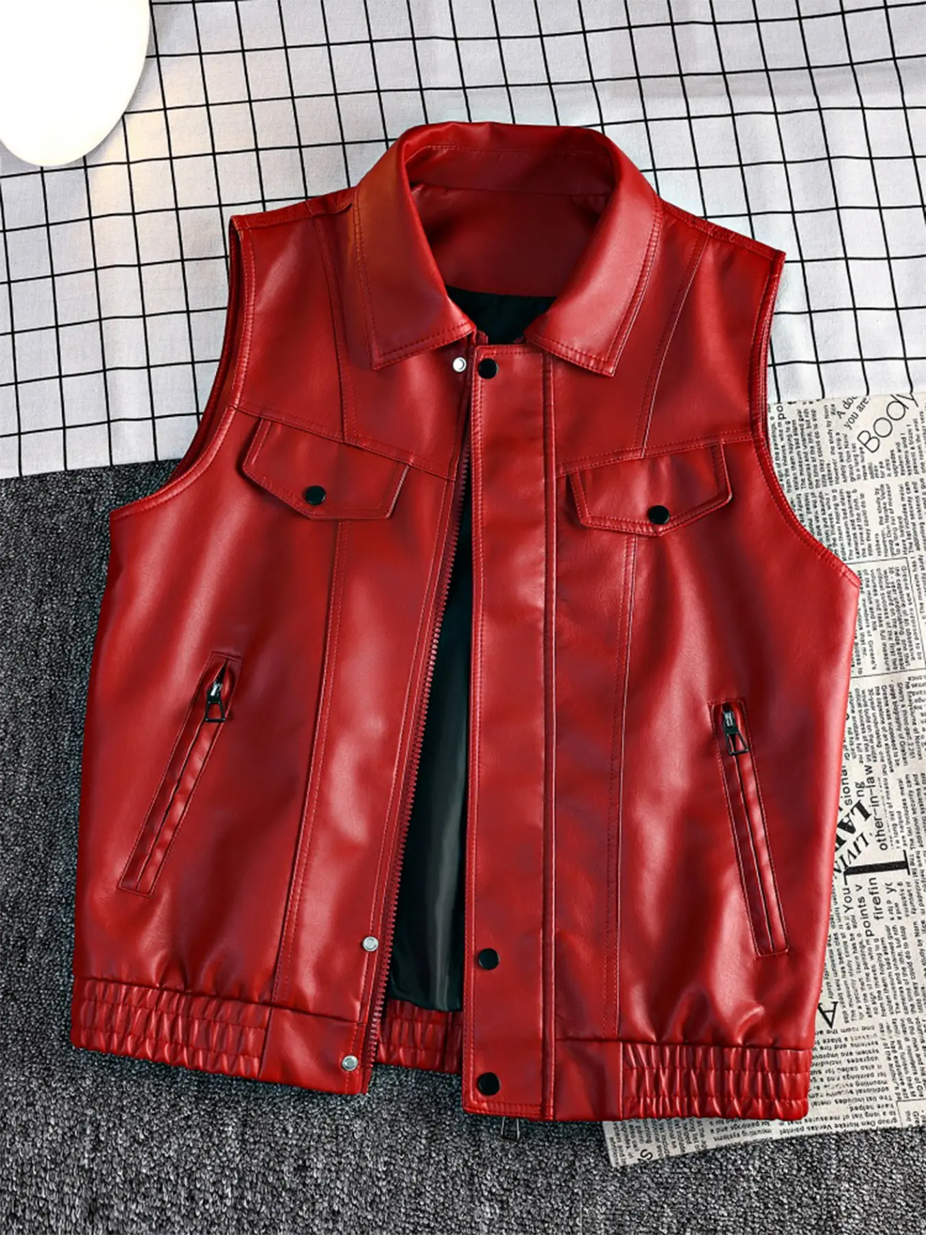Men's PU Faux Leather Biker Vest, Vintage Moto Sleeveless Zip-Up Jacket, Multi-Pocket Utility Vest with Snap Front & Elastic Hem, Fall Streetwear Outerwear