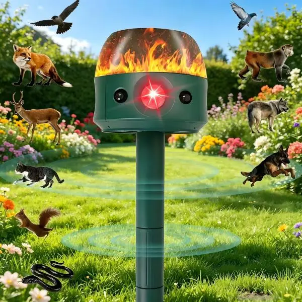 360° Solar Animal Deterrent - Upgraded Ultrasonic Repellent Device, Flame-Effect LED Flashing Lights, Human Motion Sensor, Outdoor Bird-Control Tool for Garden, Lawn (Deters Cats, Raccoons, Deer, Rabbits)