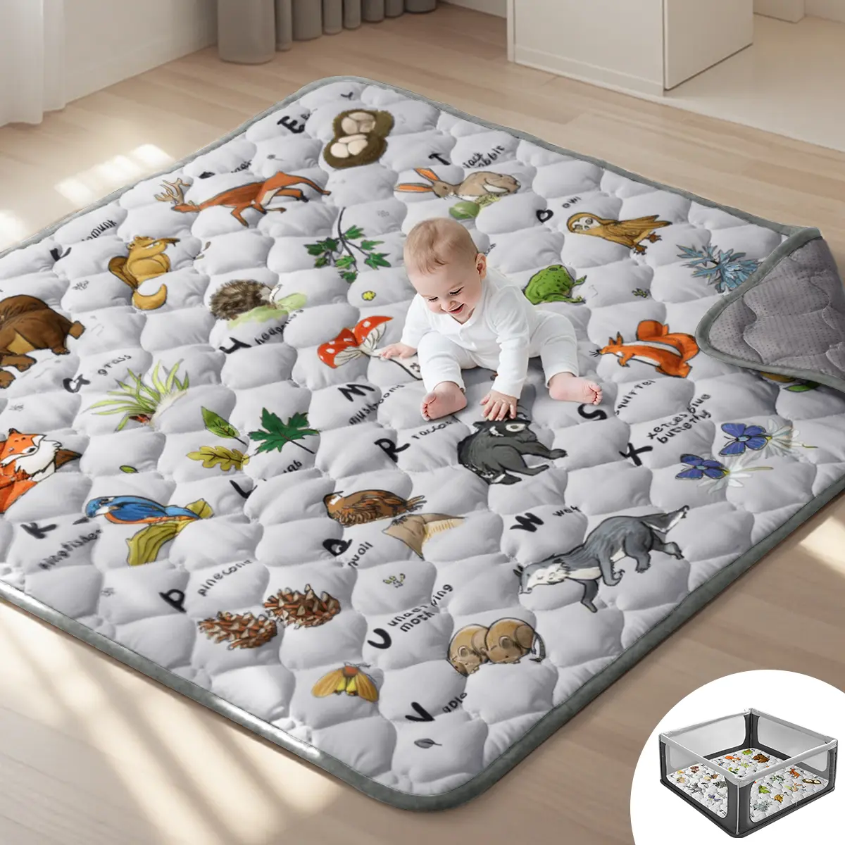 BIOBY Baby Play Mat, Thicken Soft Cotton Baby Playmats, Foldable Anti-Slip Floor Crawling Playmat Playpen Mat for Infants and Toddlers, 50"x50", Light Gray