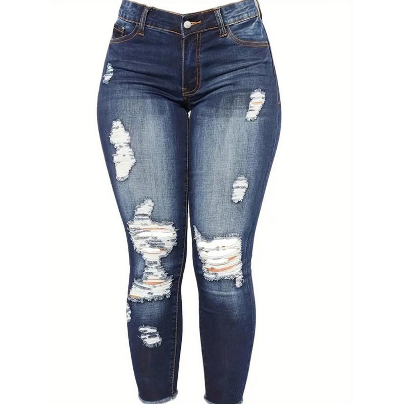 Plus Size Skinny Ripped Jeans For Women - Full Length Stretchy Denim Jeans Pants - Pencil Denim Jeans Pants - For Women - Suitable for Casual Wear - Perfect Gift for Fashionable Women Classic Women's Pants