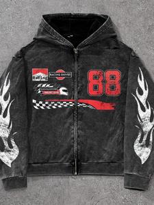 men's letter print zip up hoodie, street fashion casual loose long sleeve hooded outerwear for daily outdoor wear, racing hoodie, menswear for all seasons, vintage clothing, cotton, hoodies streetwear, casual fashion sweatshirt