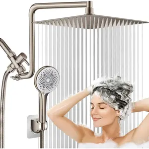 12'' Rainfall Shower  Combo, Brushed Nickel High  Shower Heads with Flexible Curved Arm & 4-Setting Handheld Sprayer, 60'' Hose, Stainless Steel