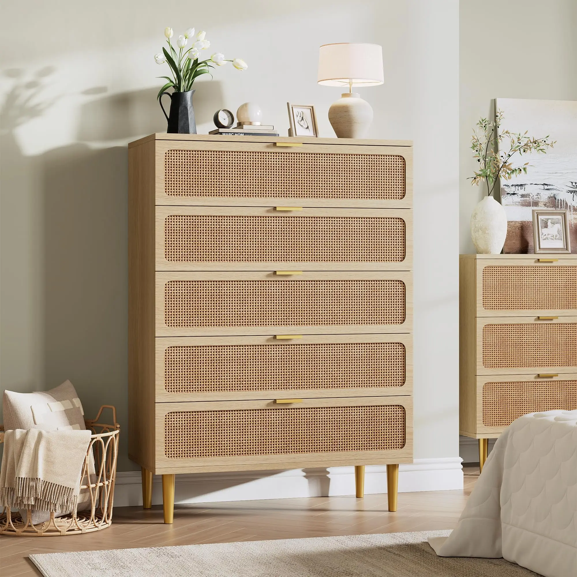 Rattan 5 Drawer Dressers for Bedroom,Tall Dresser with Deep Drawers,Large Chest of Drawers for Closet with Wide Top,Long Wooden Dresser for Living Room,Hallway,Kids Room,Natural Oak