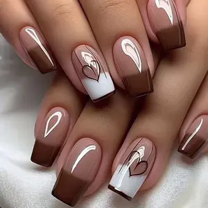 CurvLife Mocha Heartline French Press-On Nails – 30PCS Square Long Nude Brown Gradient Tips with White Accent Heart Design, Glossy Finish, Durable, Reusable, Easy to Apply & Remove, Perfect for Daily, Date & Gift Use