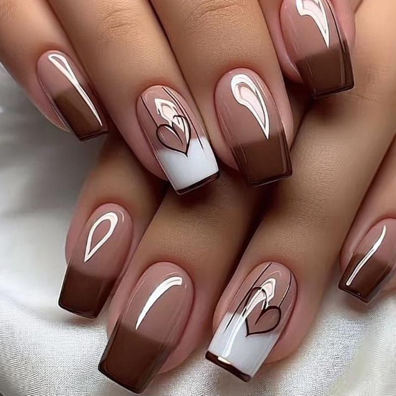 CurvLife Mocha Heartline French Press-On Nails – 30PCS Square Long Nude Brown Gradient Tips with White Accent Heart Design, Glossy Finish, Durable, Reusable, Easy to Apply & Remove, Perfect for Daily, Date & Gift Use