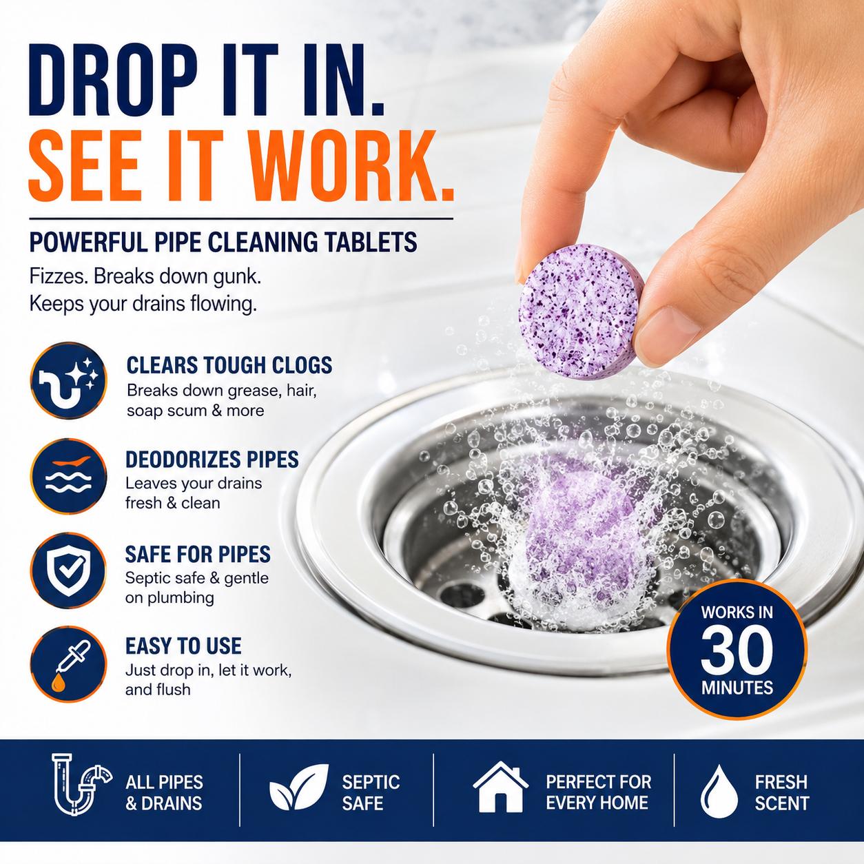Softens Hair & Breaks Down Stubborn Clogs — Multi‑Functional Pipe Cleaner Tablets for Washing Machines, Sewers & Septic Tanks, Toilets, Bathrooms, Eaves, Drains | Drain Cleaner, Washer Cleaner, Odor Eliminator, Clog Remover, Deodorizer, Descaling Tablets