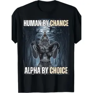 Mens Alpha Wolf TShirt Featuring Humorous Human by Choice Alpha by Nature Slogan and Wolf Pack Graphic Crafted from Breathable QuickDry Fabric Perfect for Casual Spring Summer and Fall Wear Ideal for Wolf Enthusiasts Gift Idea