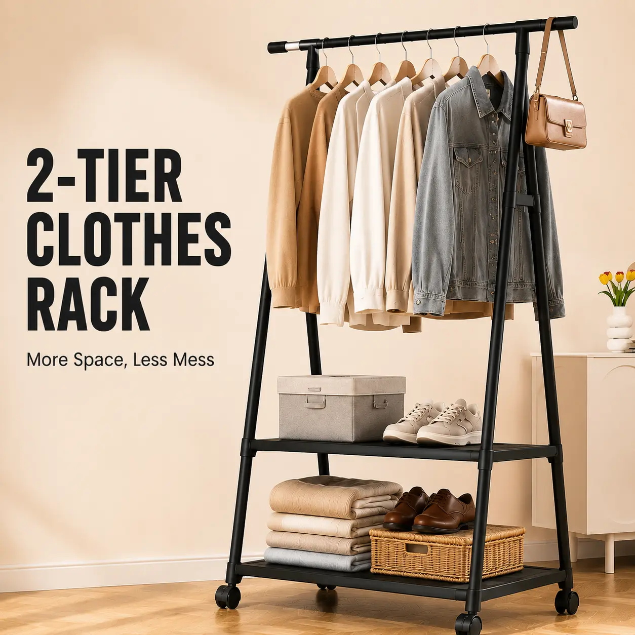 Light-Duty Rolling Clothes Rack with Storage Shelf - Home Bedroom Garment Drying & Organizing Laundry Tool Accessory