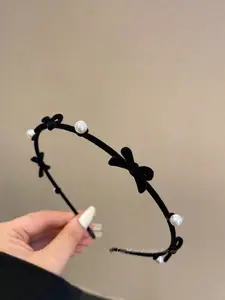 Women's Velvet Bow Headband with Faux Pearls, Fine Bow, Soft, Elegant Design for Daily Wear, Valentine Gift Idea, Sweet & Delicate Accessory