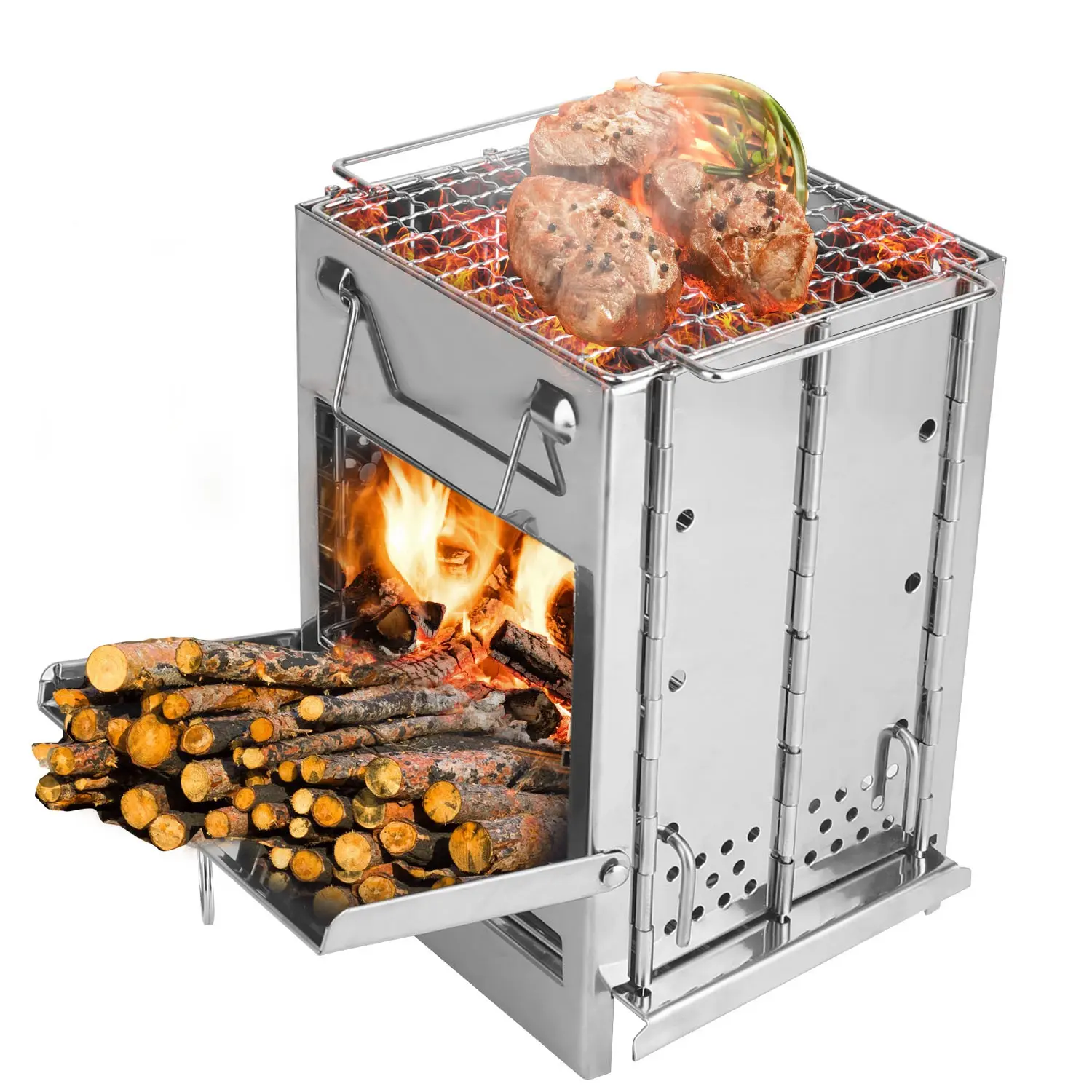 1Pc Durable Stainless Steel High Temperature Resistant Camping Stove - Portable Folding Backpacking Cooker with 2 Bolts, BBQ Net, Handle, Carry Bag for Camping, Hiking, Easy Installation, 33Lb, Compact Fold, Outdoor Cooking Station