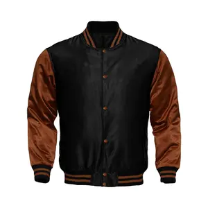 Deckra Original Handmade Longsleeves Varsity Satin Men's Jacket - Black/Brown, Polyester, Pocket, Casual Chic Menswear Coats Top