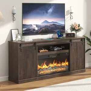 74" Fireplace TV Stand with Charging Station, Entertainment Center for TVs up to 45-85 Inch, 36" Electric Fireplace with Adjustable Flame Colors, Sliding Fluted Barn Door Media Console, Brown