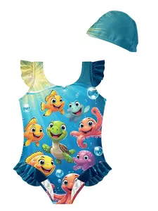 Girls' Ruffled Sleeve One-Piece Swimsuit, Cartoon Marine Life (Fish, Turtle, Octopus) Print, Sunlight Gradient Swim Cap Included Kids' Swim Set