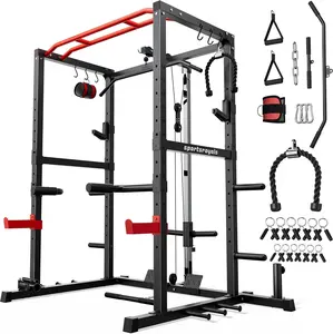 FED FITNESS Power Rack, Multi-Functional Power Cage Only, Squat Rack with Pulley System & LAT Pull Down, Workout Cage with J Hooks for Home Gym, Red or Blue