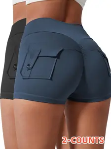 Women's Solid Ruched Button Pocket Sports Shorts, High Waist Comfy Breathable Skinny Sports Shorts for Yoga Gym Workout, Ladies Sportswear for All Seasons