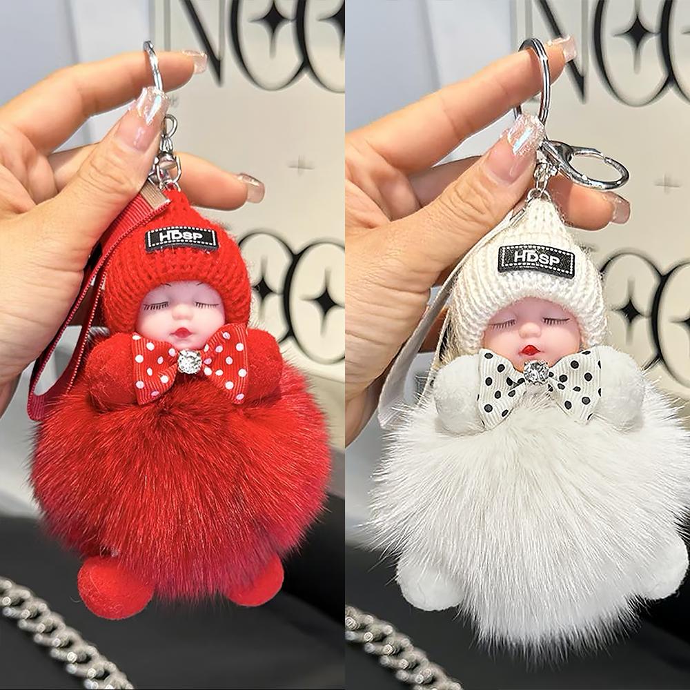 2Pcs Fluffy Kawaii Doll Keychain Cute Sleeping Baby Pendant Bag Charm Car Keychain Buckle Home Hanging Decor Backpack Accessory Adorable Viral TikTok Gifts for Women Girls Aesthetic Soft Fur Toy