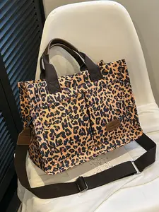 Fashion Leopard Pattern Adjustable Tote Bag, Casual Letters Patched Decor Shoulder Bag for Women, Trendy All-match Commuter Bag, Handbag Shoulder Bag
