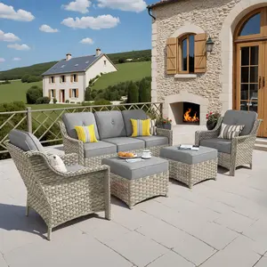 ALTRIGUS 5 PCS Outdoor Patio Furniture Sofa Set Rattan Wicker Conversation Set with Single Chair Balcony Sofa Set with Ottoman for Outside Porch Backyard Pool