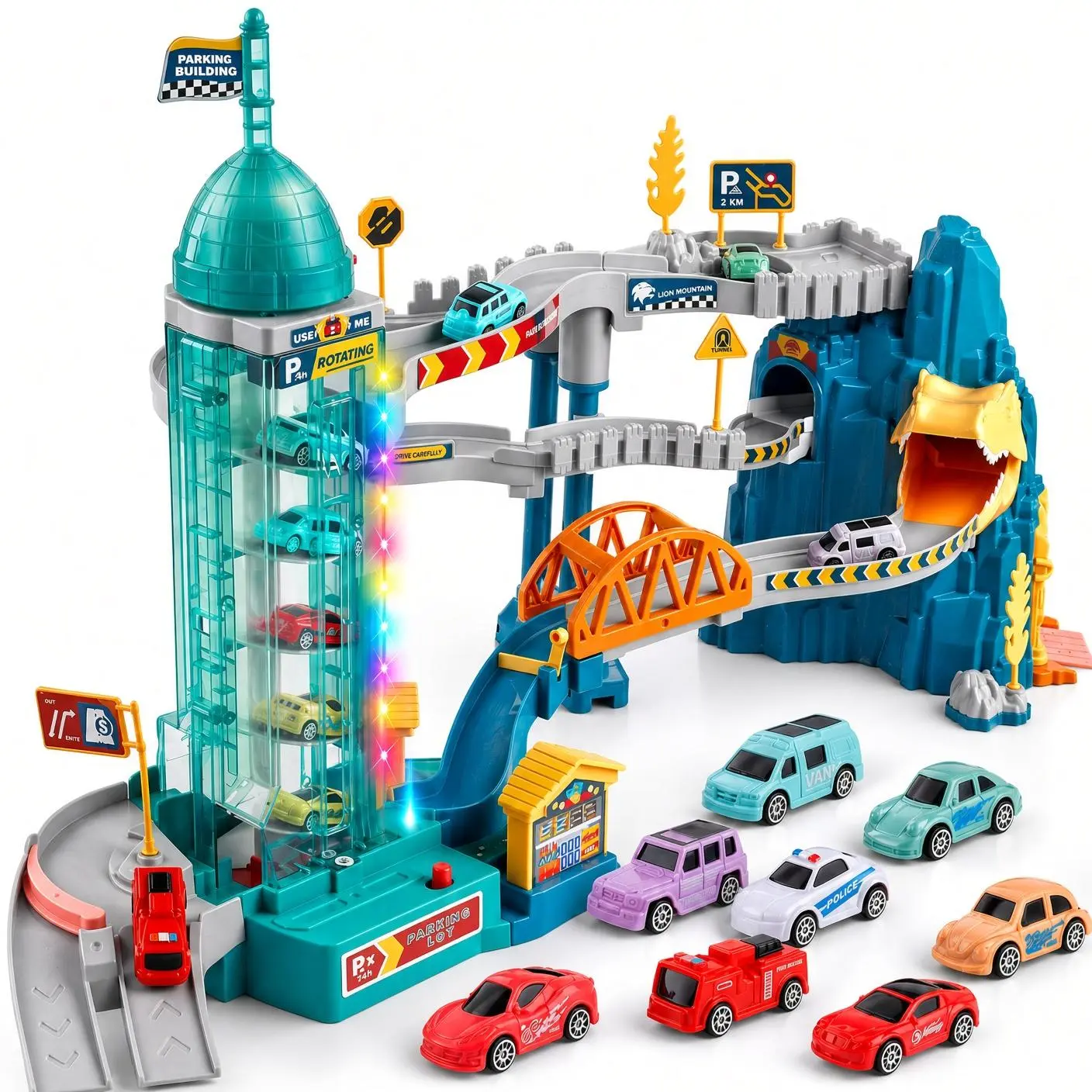 Dinosaur Parking Garage Toy Playset for Kids, Motorized Spiral Elevator with Lights & Sounds, Multi-Level Car Ramp Racing Track, Bridge and Mini Toy Cars, Interactive Vehicle Adventure Set