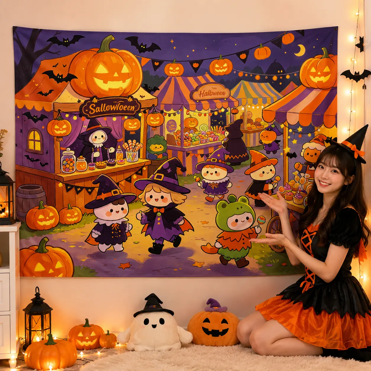 Halloween Party Backdrop Decorations, Pumpkin Candy House Background Cloth, Cute Cartoon Halloween Wall Hanging Tapestry for Kids Birthday Party Photography