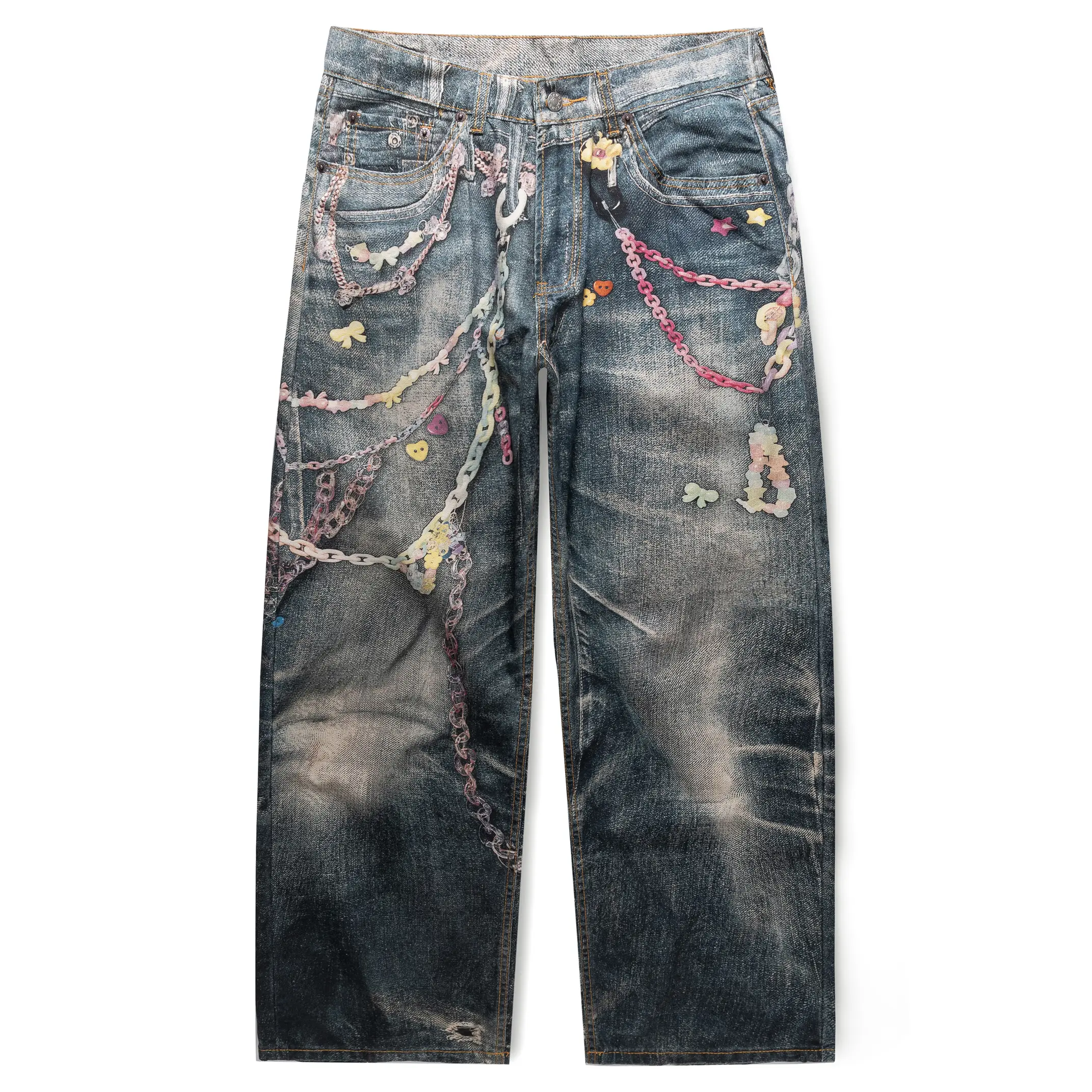 Vintage faded wide-leg jeans in pastel candy colors, featuring a chain, bow, heart, and flower all-over print; high waist with button fly and five pockets; loose baggy denim fabric; Y2K kawaii street style; unisex casual denim trousers.