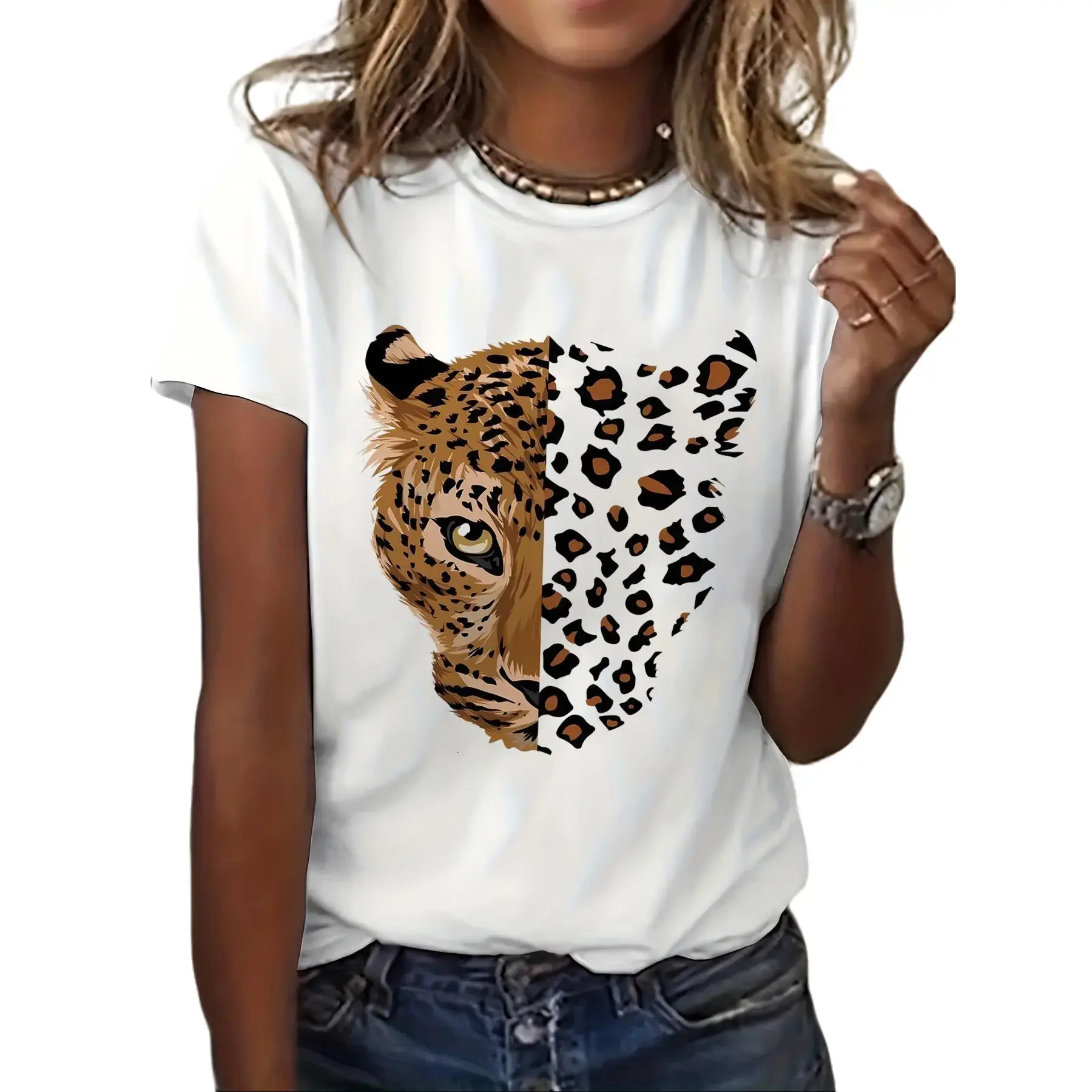 Women's Vintage Leopard & Tiger Animal Print T-Shirt - Short Sleeve Crew Neck Casual Top, Medium Stretch Breathable Fabric, Machine Washable Summer & Spring Tee