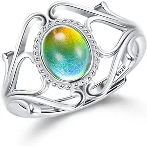 Adjustable 925 Sterling Silver Mood Rings for Women Victorian Style Oval Solitaire Ring Temperature-Control Rings Trinity Celtic Knot Color Change Stacking Rings Cubic Zirconia Gift Jewelry for Her