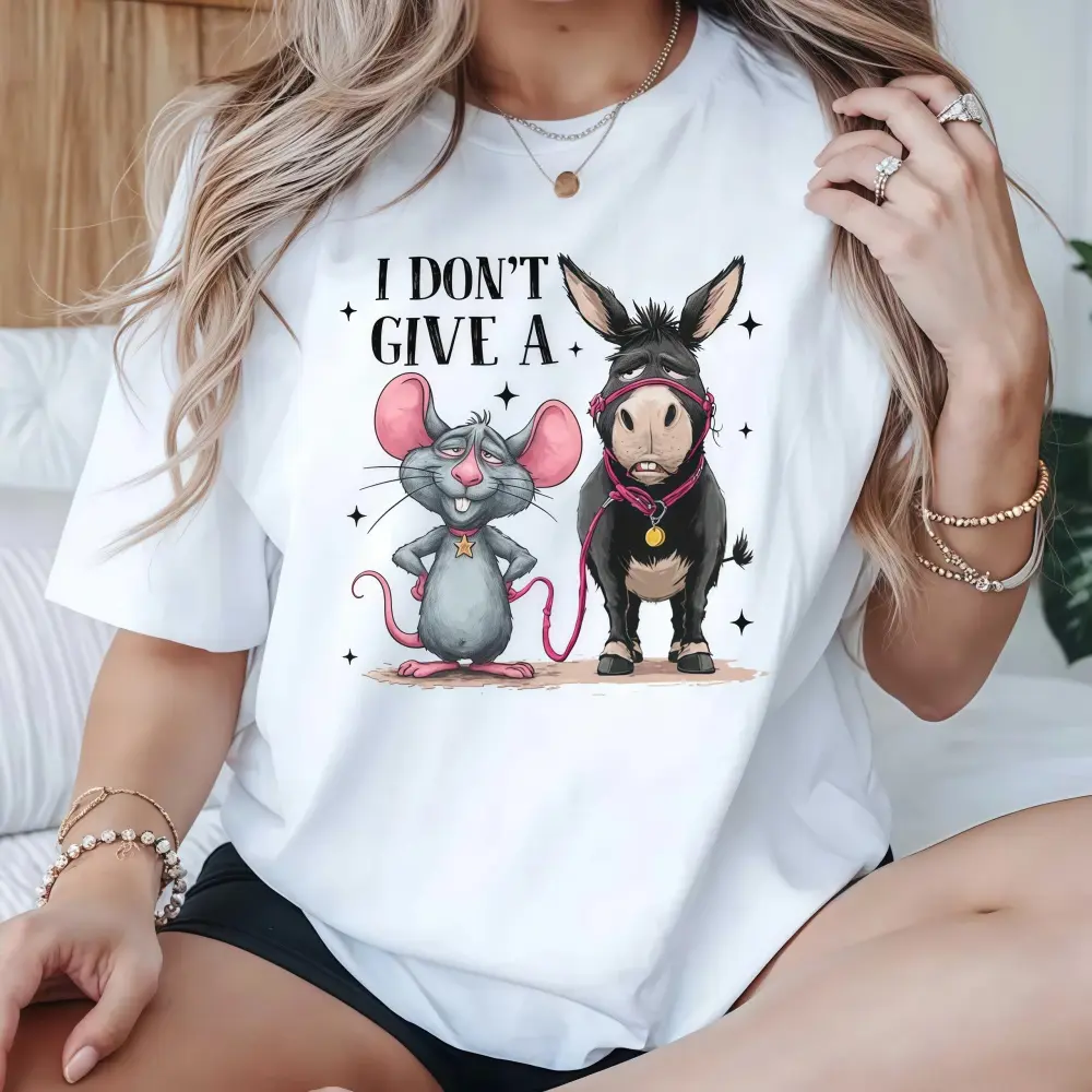 Sarcastic "I Don't Give a Rat's Ass" Funny Donkey Short-Sleeve Loose Casual T-Shirt - Beach, Everyday Wear for Men and Women, Baggy, Anniversary