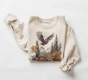 Retro Great Grey Owl Fall Mountain Scene Sweatshirt - Nineties 90s Vintage Birds Of Prey Forest Outfit - Boho Unisex Crewneck Sweatshirt, Cotton  Menswear Womenswear Underwear Streetwear Top