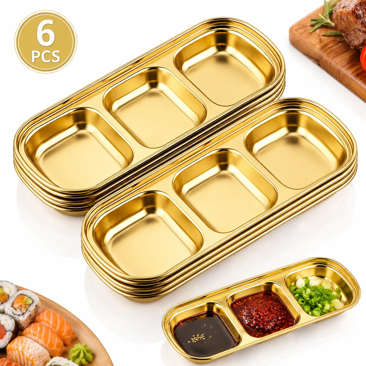 6PCS Gold Stainless Steel 3-Compartment Sauce Dish, Divided Dipping Tray for Sushi, BBQ, Snacks & Appetizers