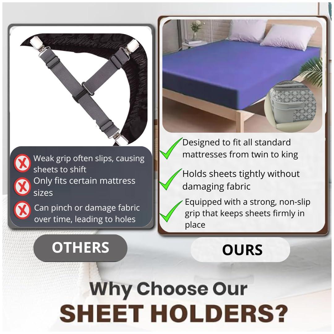 4pc Bed Sheet Holder Strips - Secure Fit for Mattress, No More Slipping or Wrinkles - Adjustable Elastic Straps with Strong Grip for All Bed Sizes 4pc Bed Sheet Holder Strips - Secure Fit for Mattress, No More Slipping or Wrinkles - Adjustable Elastic Straps with Strong Grip for All Bed Sizes
