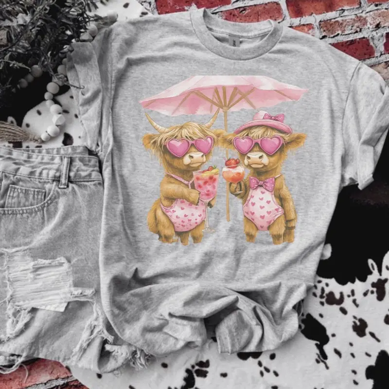Highland Cows Summer Time Ash Grey T-Shirt - Bleached - Gildan - Unisex