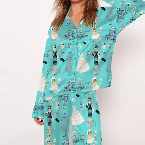 Breakfast At Tiffny's Pajama Set For Women Print Comfy Silk Sleepwear & Loungewear Pjs Printing Silky Top & Bottoms - PA12