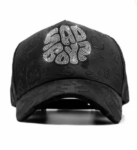 Dandy Hats x Junior H "Sad Boyz" Premium Streetwear Snapback – Black Adjustable Unisex Hat for Men & Women Featuring Rhinestone Sad Boyz Lettering, Tonal Graphic Detailing, Curved Brim, and Bold Urban Fashion Style