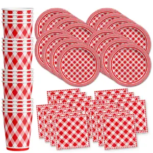 Red Gingham Picnic/BBQ Birthday Party Tableware Kit For 16 Guests