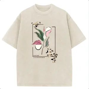 Holafish Oversize Acid Wash Vintage "Art Botanical Floral" Pattern T-Shirt, Minimalist Aesthetic Casual Graphic Tee, Heavyweight Cotton Streetwear Graphic Vintage Tees Unisex Crewneck Tshirt summervibes