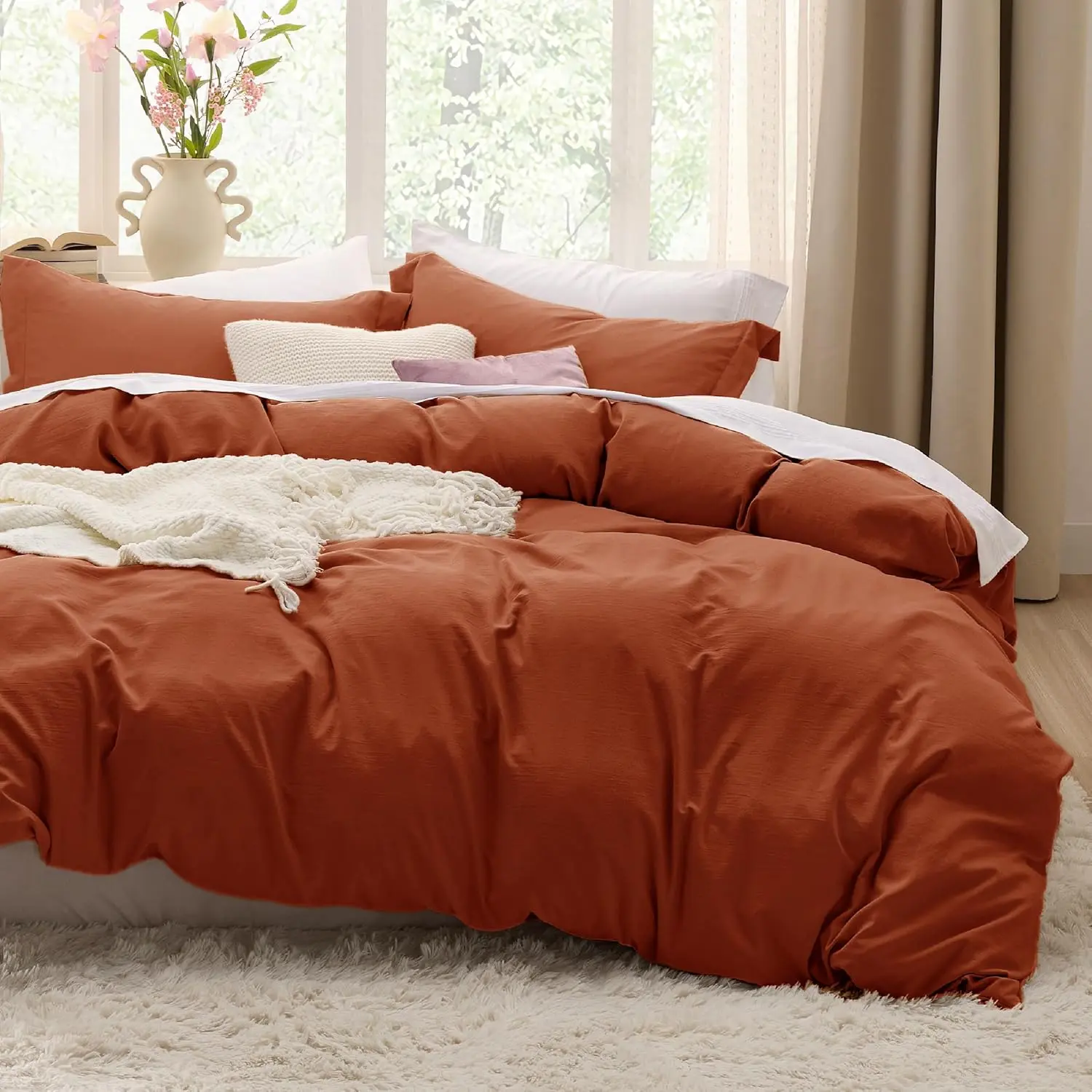Microfibre Tie-Closure King Size Prewashed Duvet Cover Set - 3-Piece Modern Solid Terracotta Bedding, Fade-Resistant, Breathable, Durable, Year-Round Use, Machine Washable, Includes 1 104x90in Duvet Cover & 2 Pillow Shams, Comforter Not Included